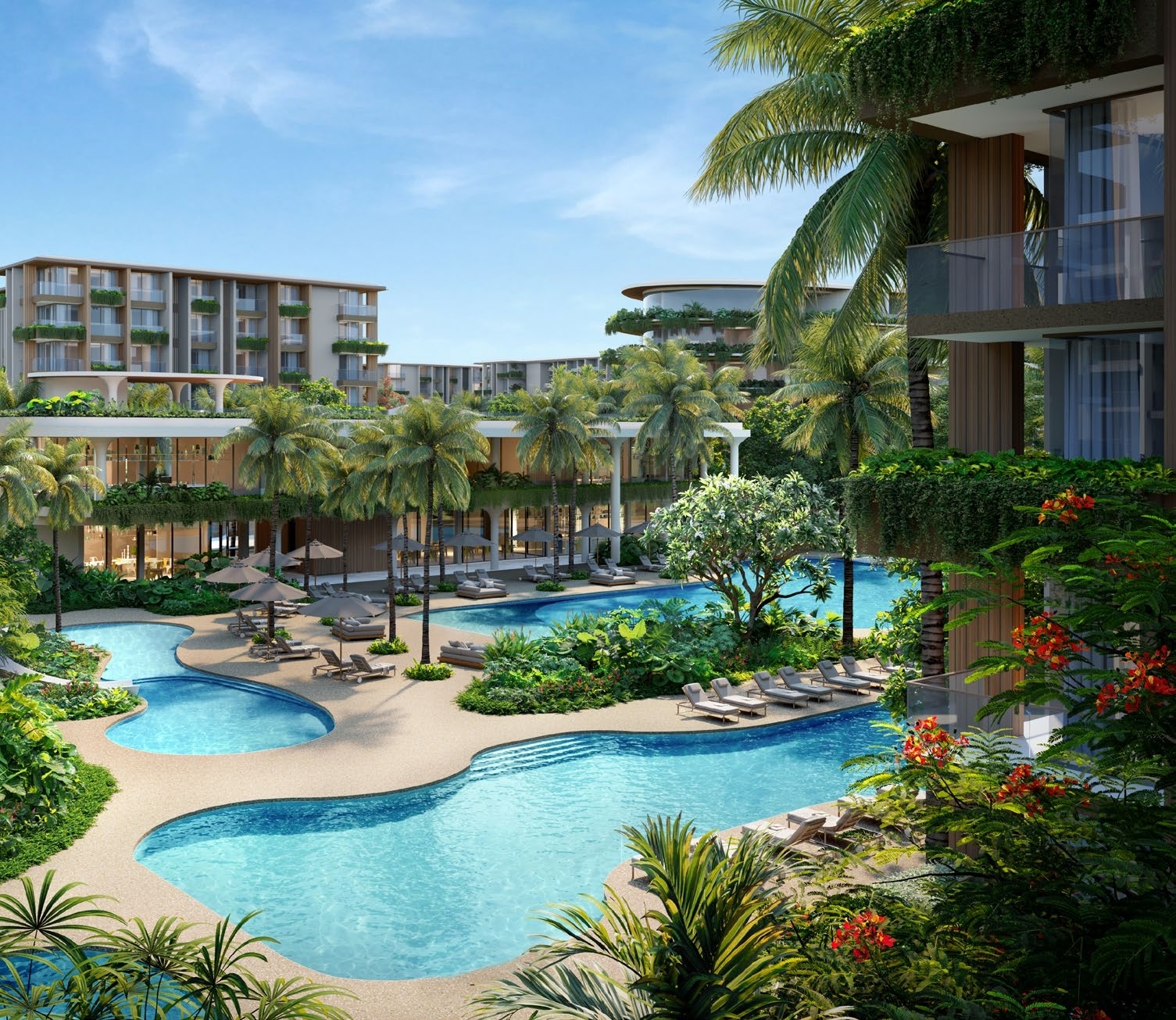 Gardens of Eden pool with a lounge area and palm trees