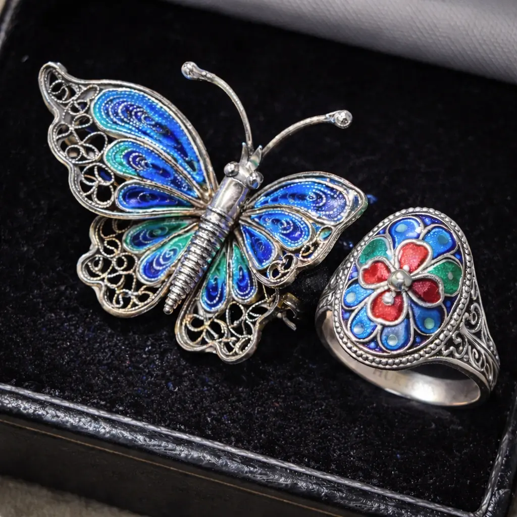Срібні прикраси з художньою емаллю — вінтажна брошка-метелик і каблучка з емаллю у техніці філігрань, ювелірні прикраси ручної роботи HURTOVA