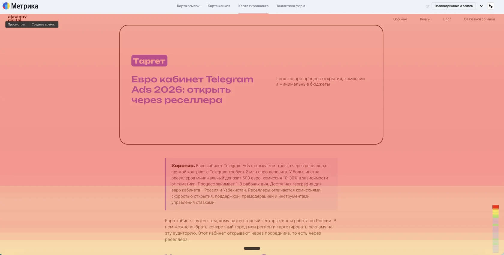 Карта скроллинга Яндекс Метрики с тепловой шкалой