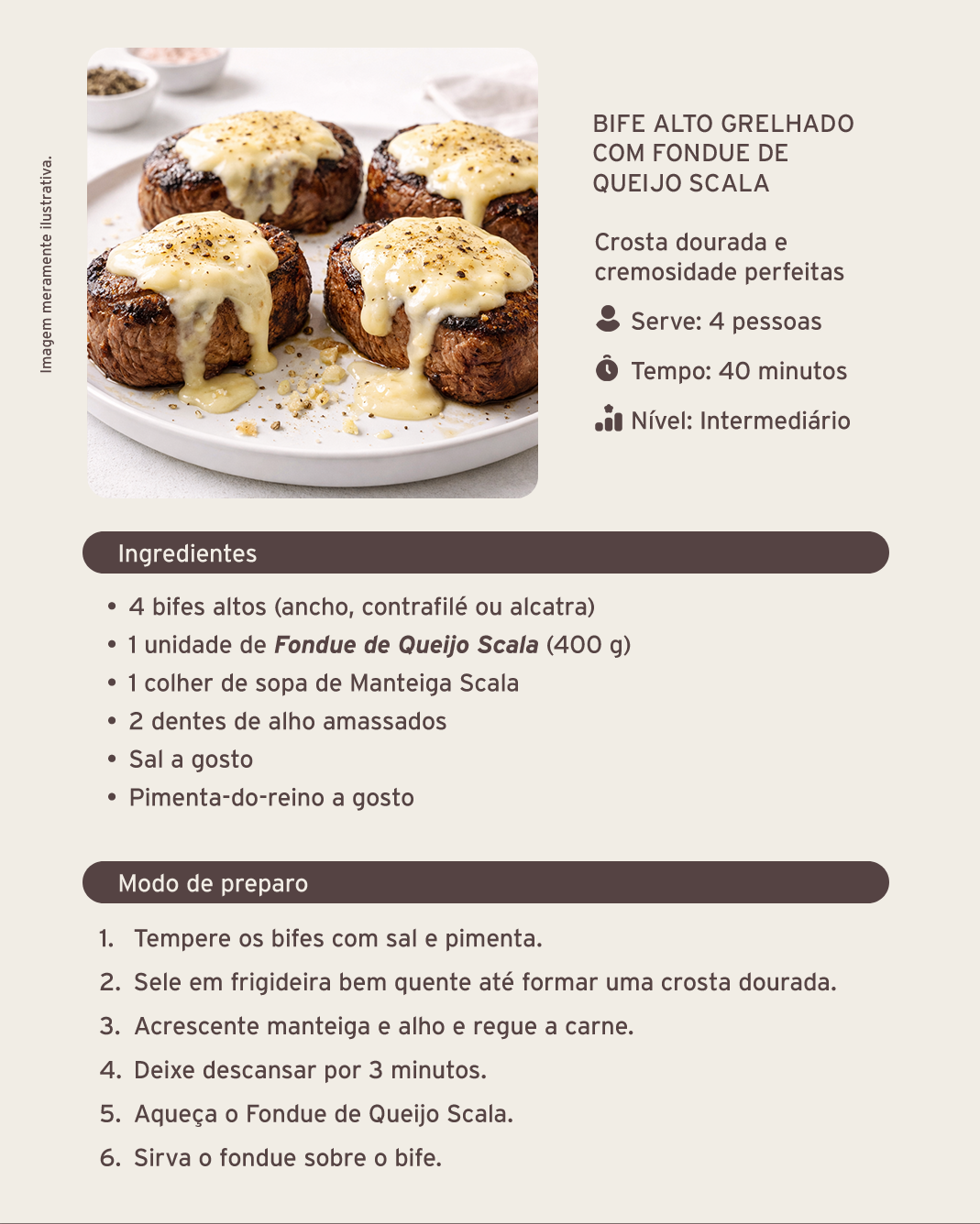 Fondue Queijo Scala - Receita de bife alto grelhado com fondue de Queijo Scala