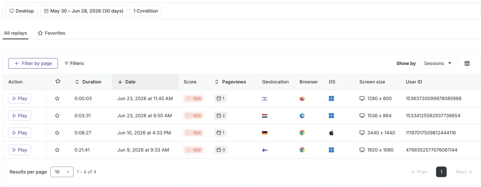 Список записей сессий Contentsquare с фильтрами по гео и браузеру