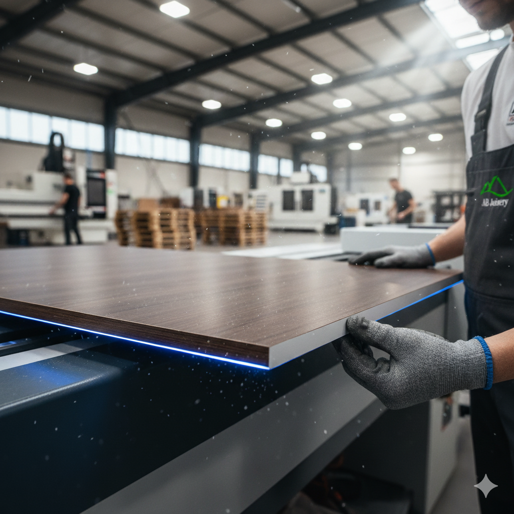 A wooden panel representing cut and edge banding trade services