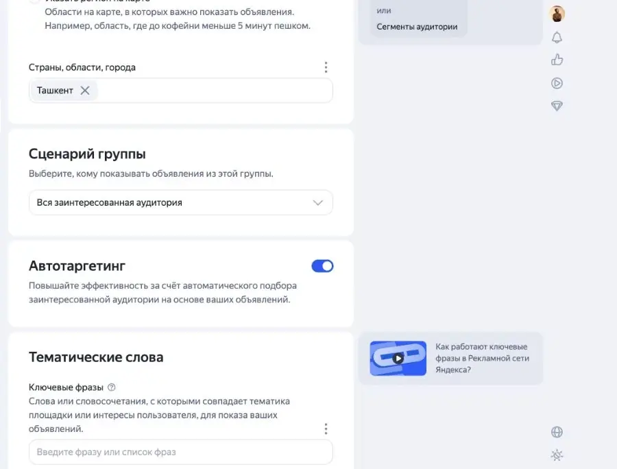 Блок автотаргетинга в настройках группы Яндекс Директа