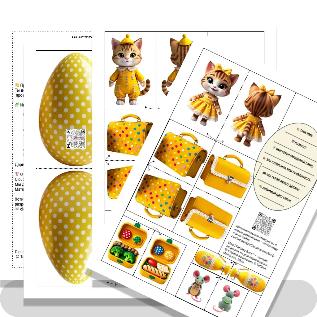 Персонаж Кошка и его вещи с анкетой (Желтый)