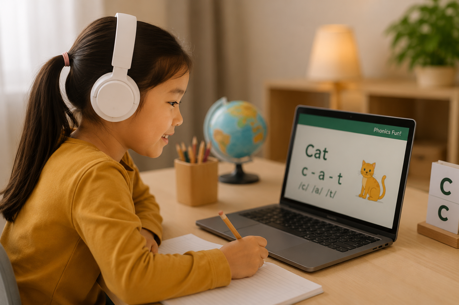 Girl with headphones learning phonics on a laptop