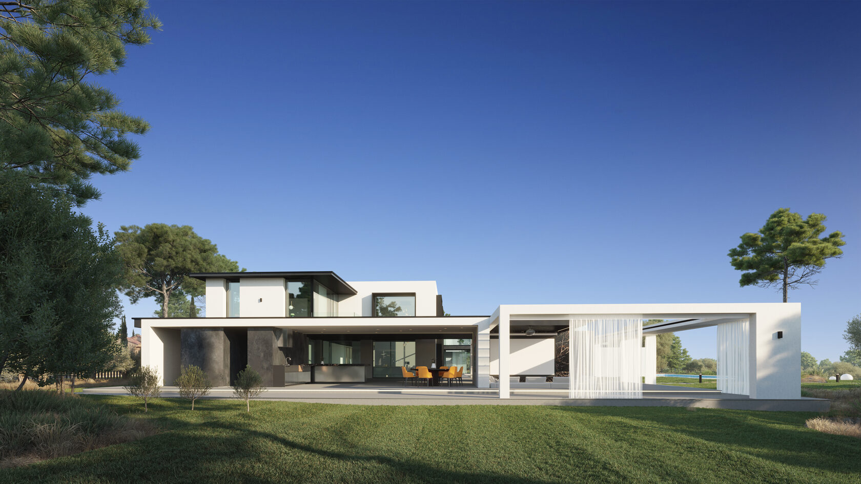 This villa is located on an elevated site in the suburbs of Limassol. The architecture of the house consists of several volumes unified under a single roof, including the main living block, a garage, staff quarters, and a pool area