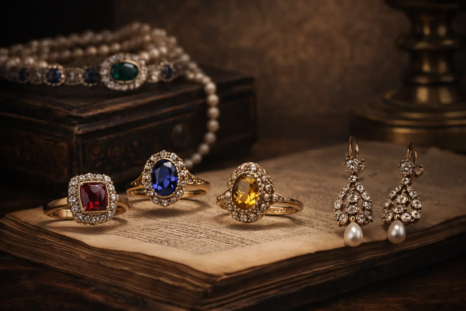 Вінтажні ювелірні ювелірні прикраси з золота з діамантами, сапфірами, рубінами, перлами — старовинні золоті каблучки та сережки на антикварній книзі, прикраси з історією та характером 