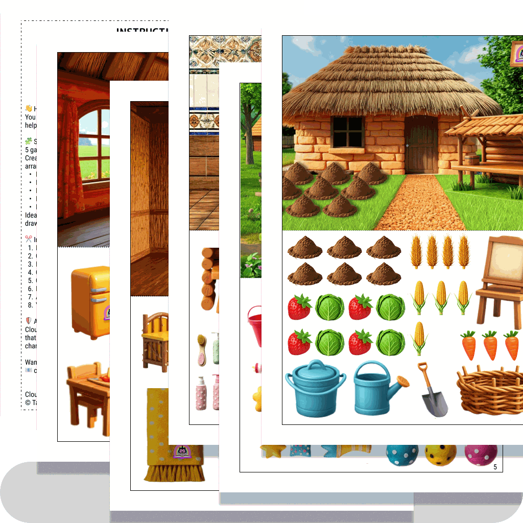 Printable dollhouse with kitchen, bedroom and garden