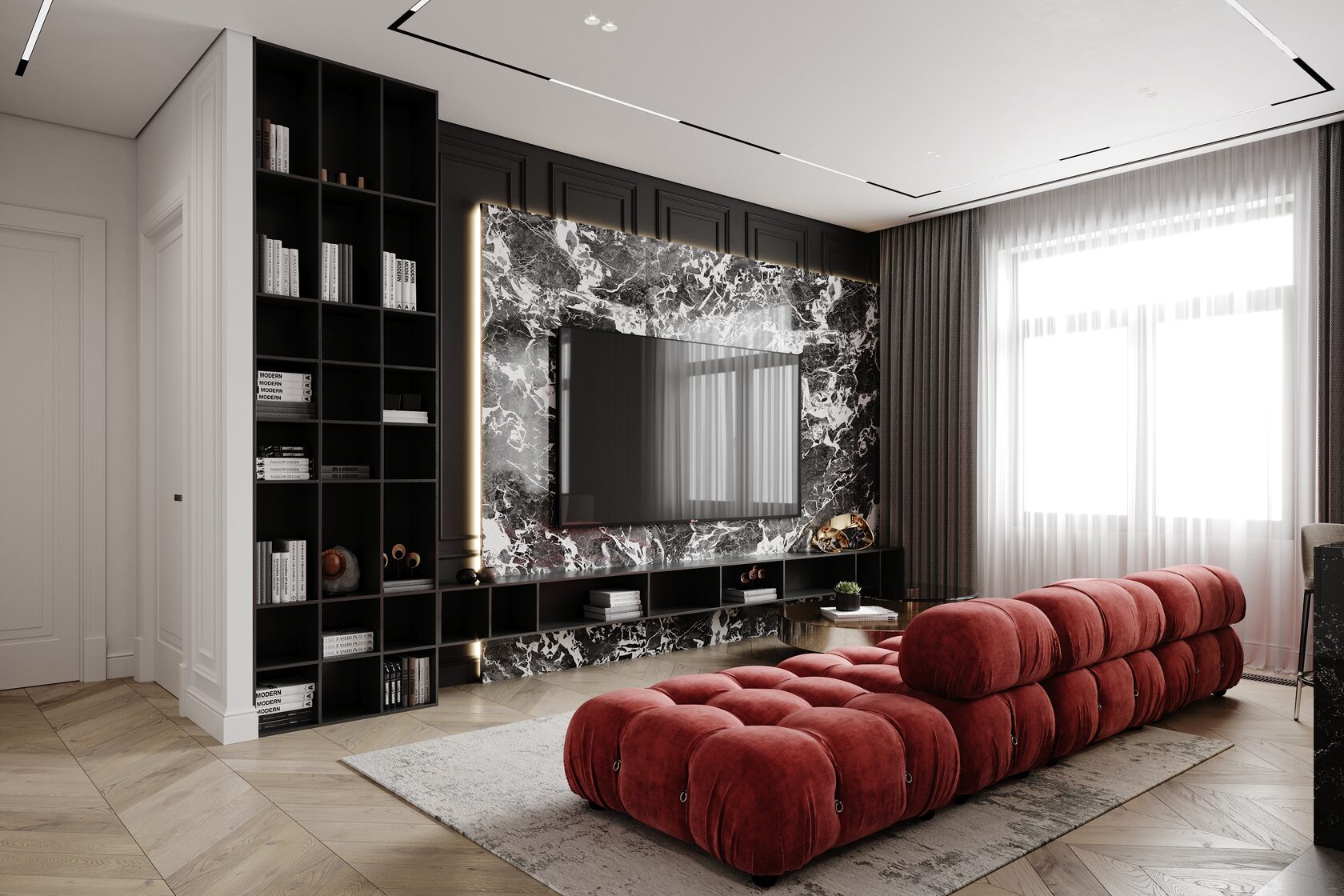 This spacious two-bedroom apartment is located on one of the top floors, offering panoramic views of Moscow