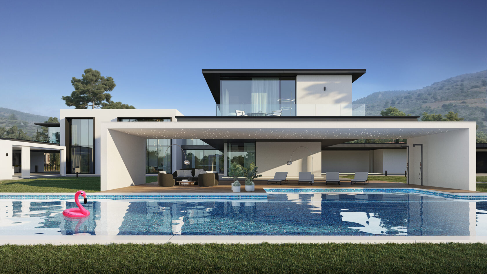 This villa is located on an elevated site in the suburbs of Limassol. The architecture of the house consists of several volumes unified under a single roof, including the main living block, a garage, staff quarters, and a pool area