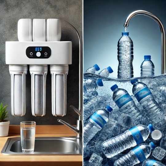 The image shows a comparison between a water filter and bottled water. On the left, there is a water filter, and on the right, plastic bottles.