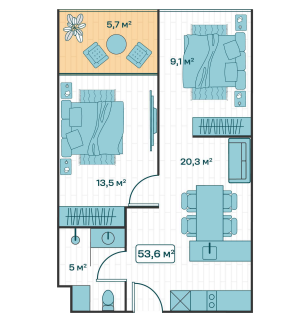 2-bedroom floor plan 54 m² Sun Hills Lakeside