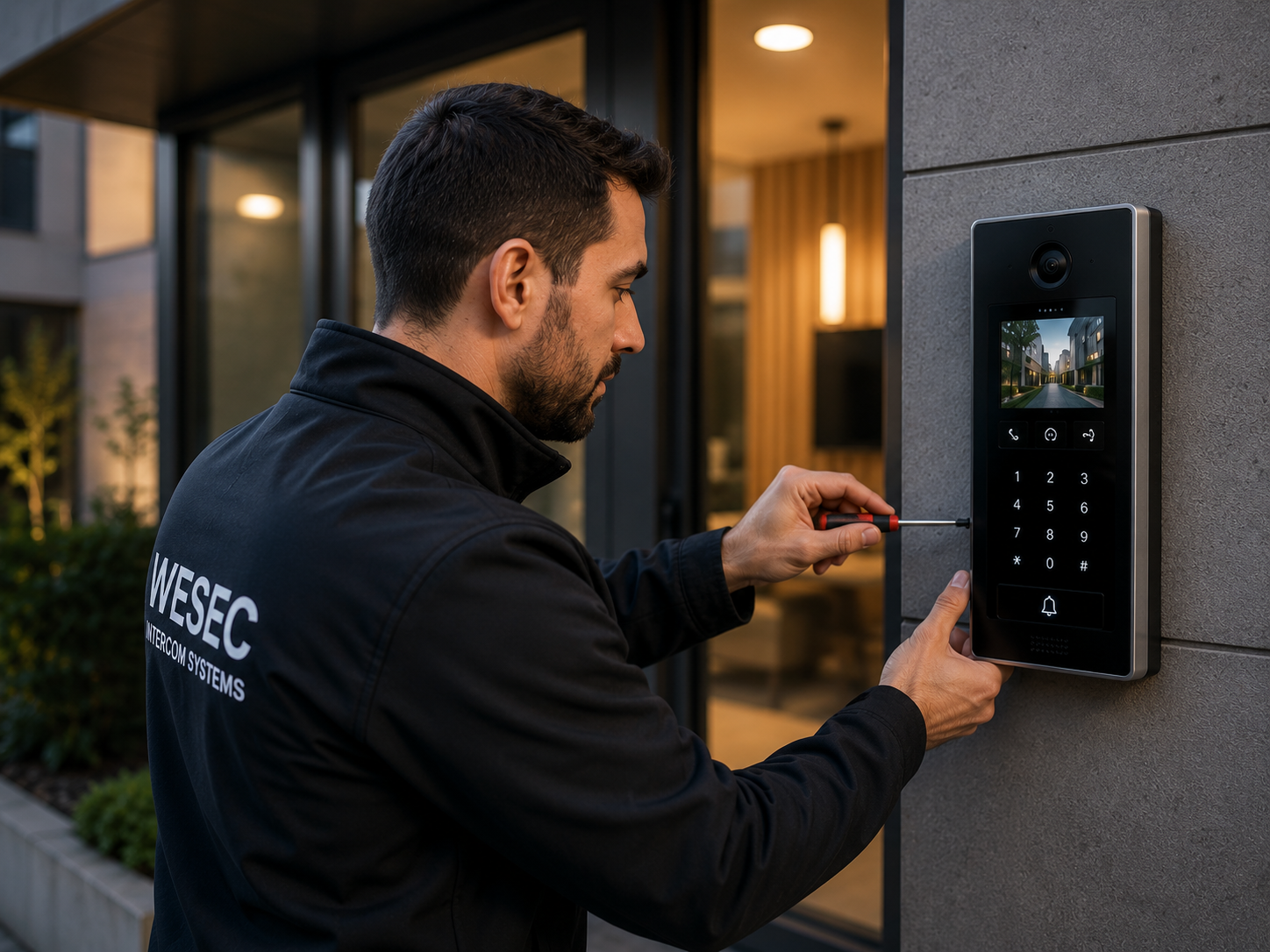 WESEC engineer servicing a video intercom system