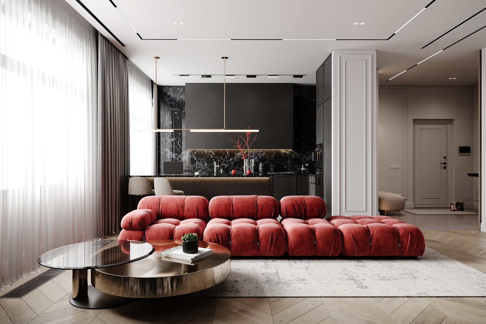 This spacious two-bedroom apartment is located on one of the top floors, offering panoramic views of Moscow