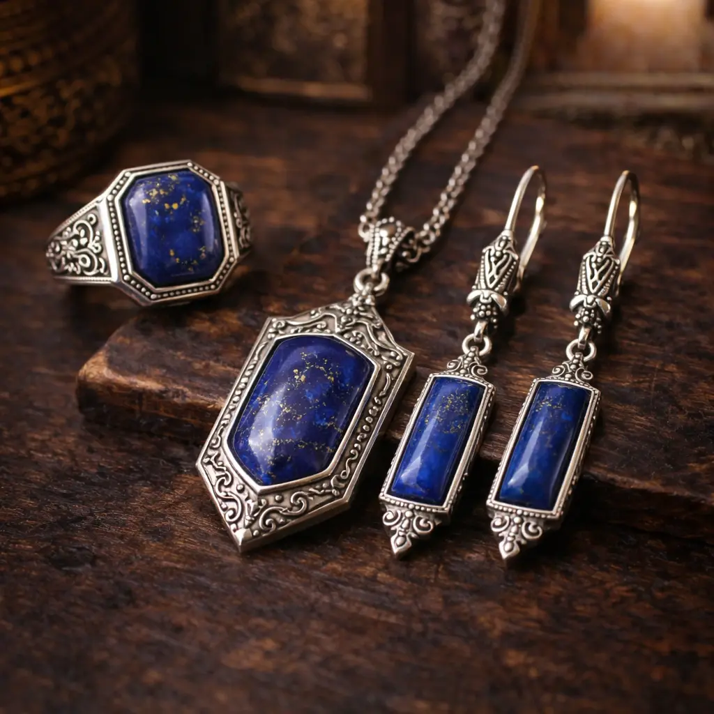 Вінтажний срібний комплект прикрас з лазуритом — каблучка, сережки та кулон з натурального лазуриту у класичному стилі