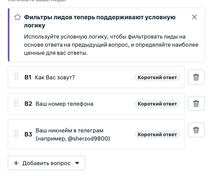 Экран вопросов лид-формы с условной логикой