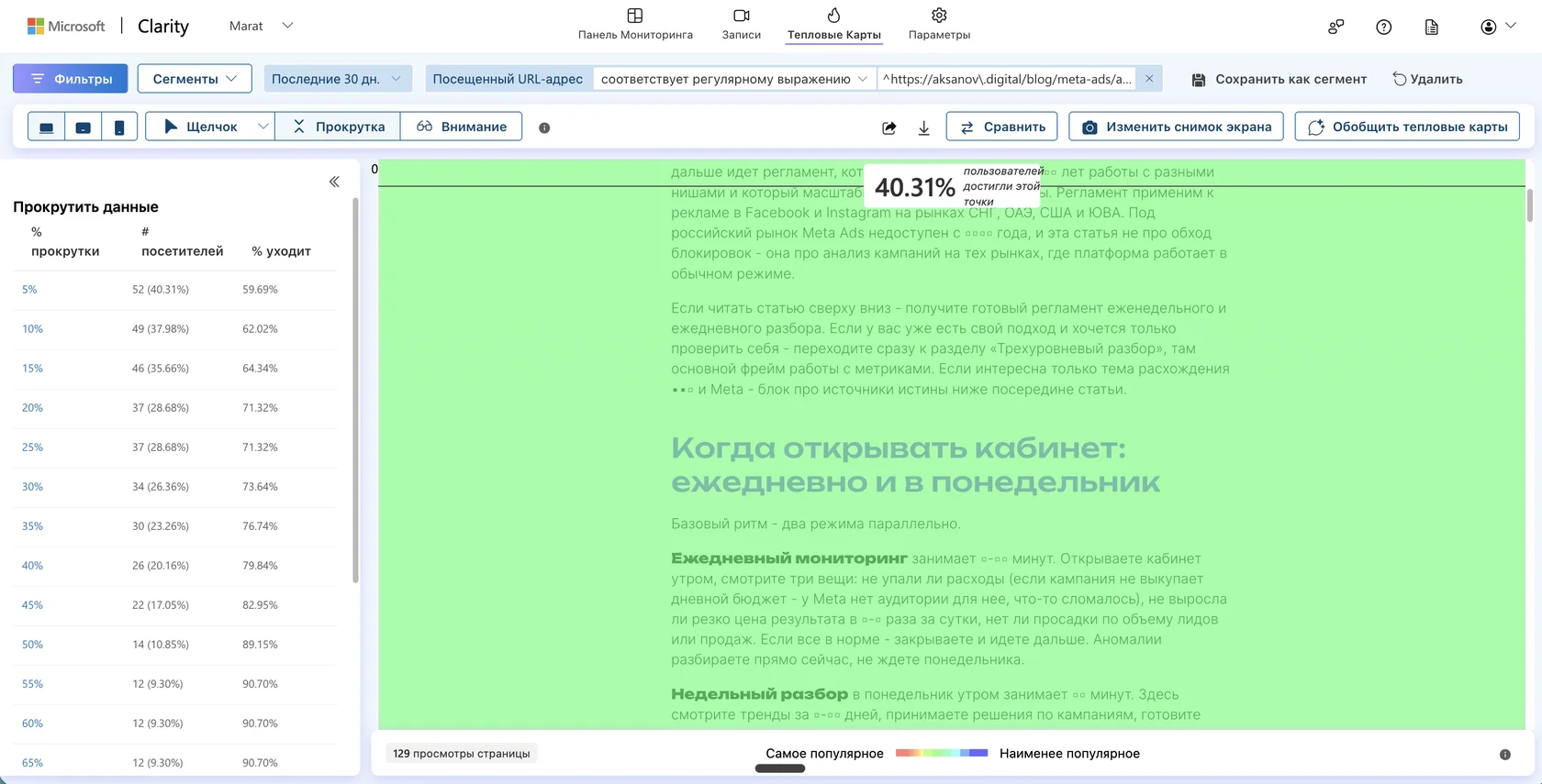 Карта скроллинга Clarity на десктопе с линией среднего сгиба