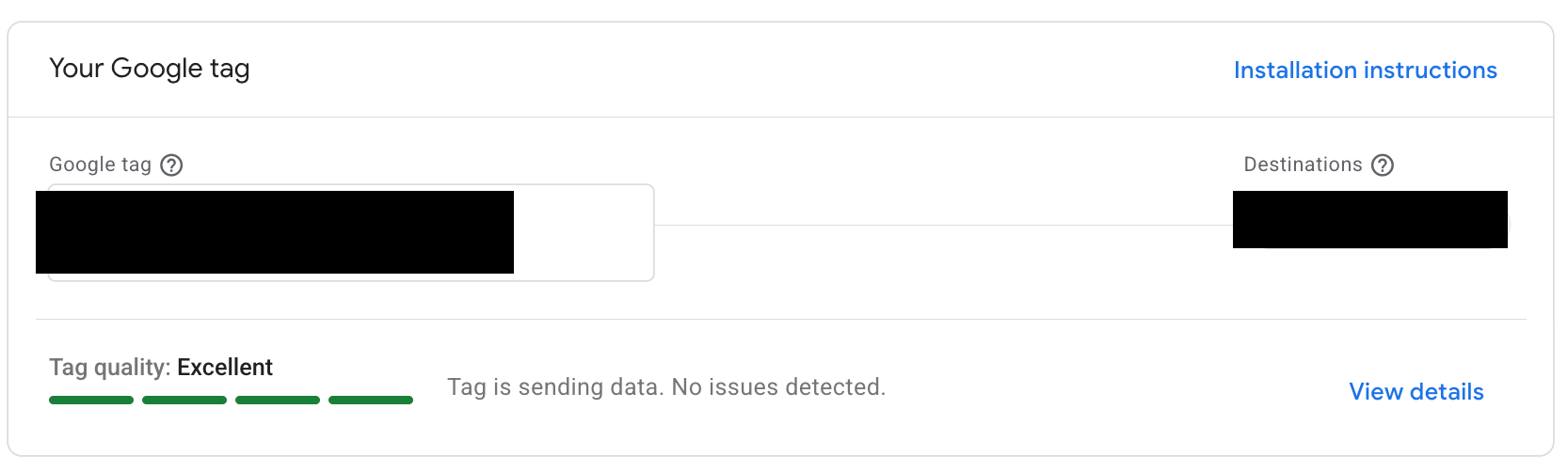 Google tag в DV360 со статусом Tag quality: Excellent и сообщением Tag is sending data