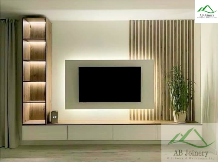 Integrated modern media wall and entertainment center