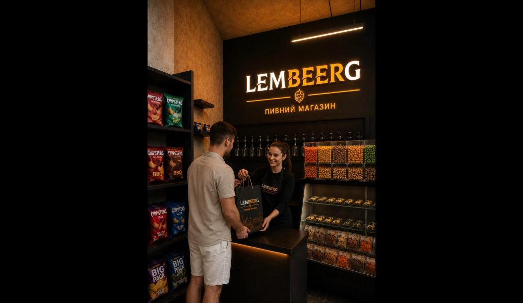 LEMBEERG beer shop logo in the store interior