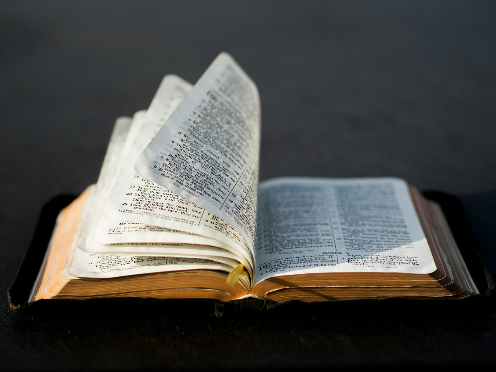 Biblia abierta sobre atril con luz dorada