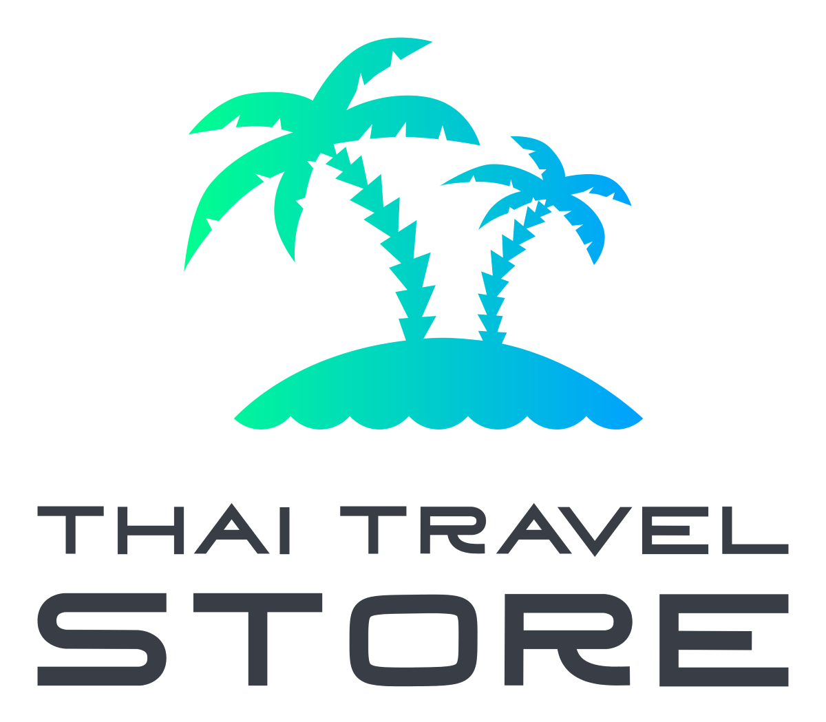 Thai Travel Store logo featuring two palm trees on an island with gradient shades of green and blue.