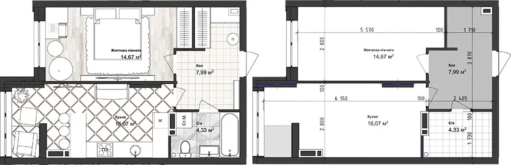 Планировка 1-комнатной квартиры в ЖК Sea Town — вариант 12