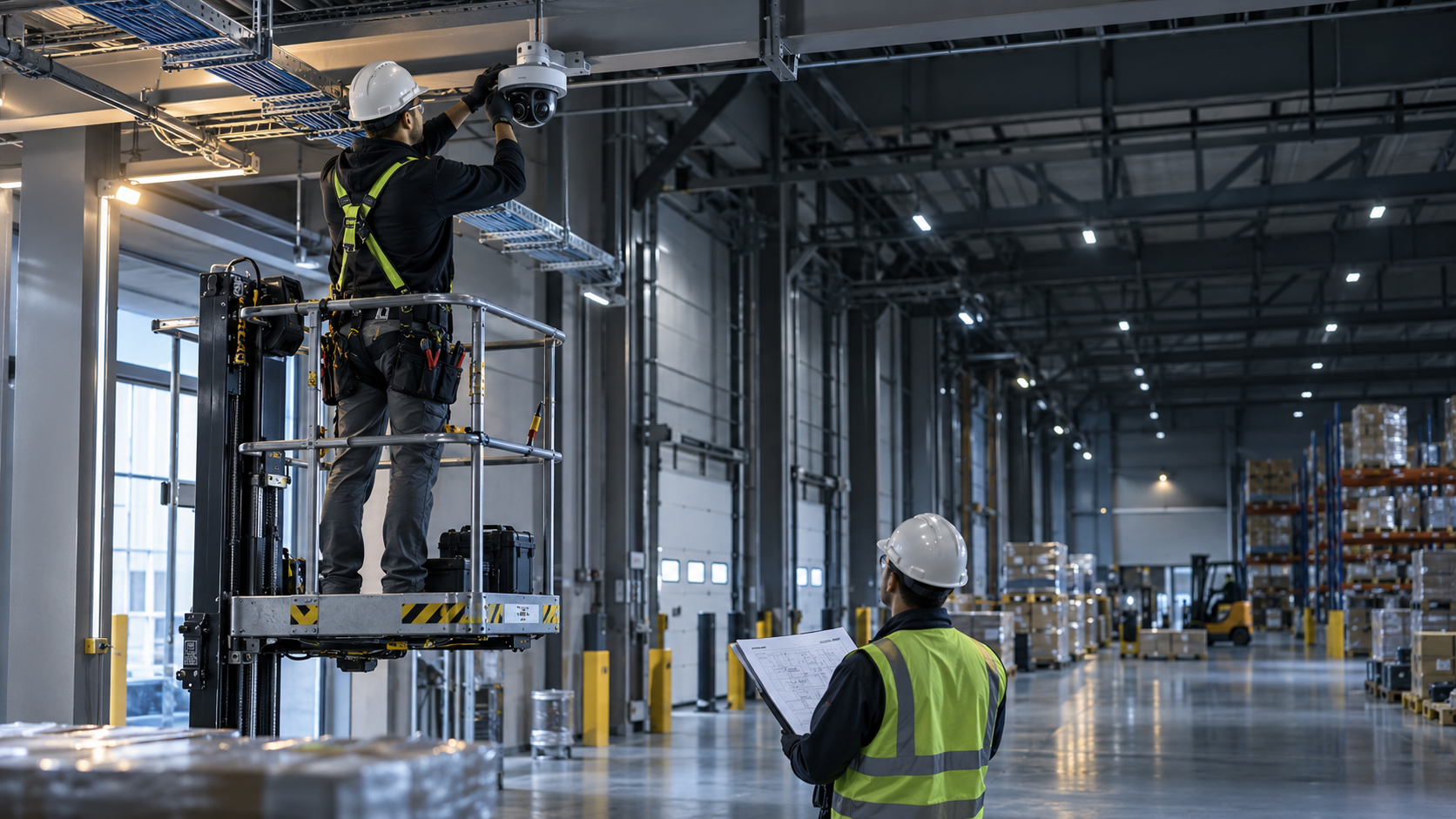 Commercial security technician installing a multi-sensor camera