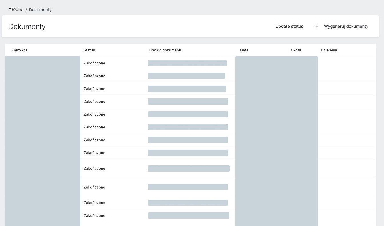 Document signing overview with completed statuses and redacted driver details