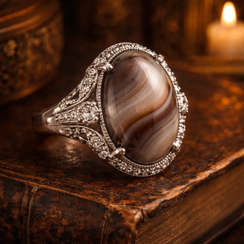 Каблучка з білого золота з кабошоном агату у вінтажному класичному стилі, ювелірна прикраса