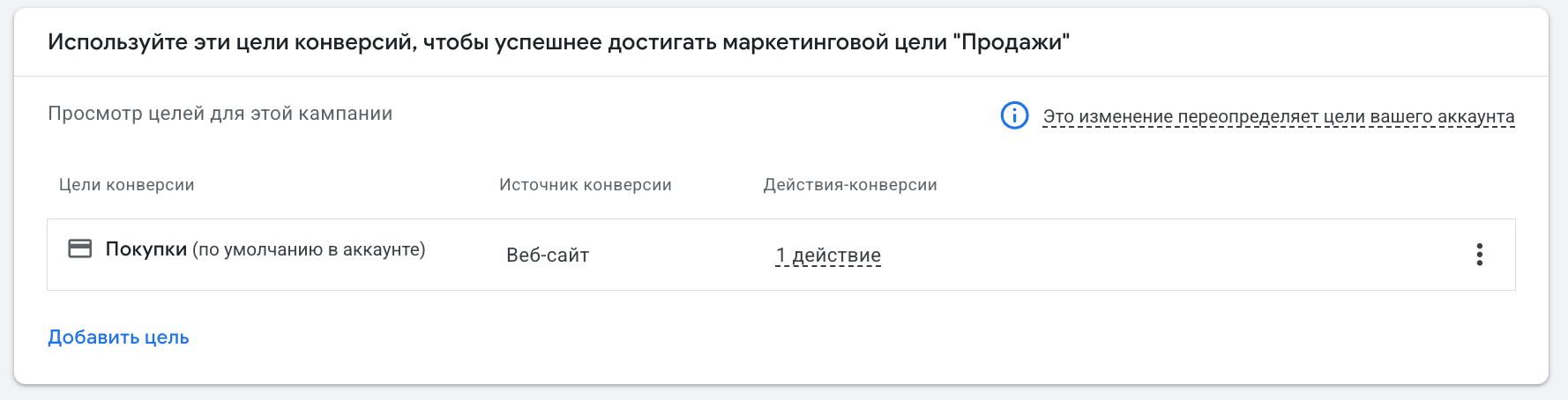 Список конверсий с главной целью «Покупки» в настройках Google Ads