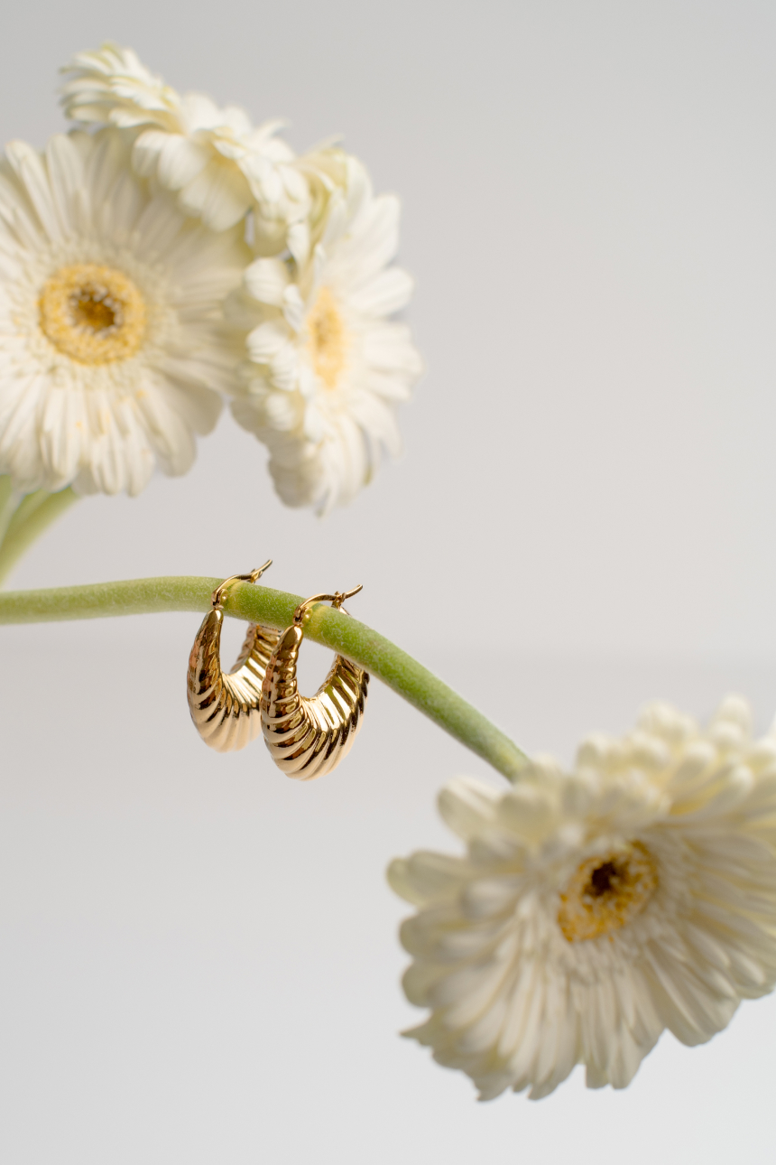 Product photography of bold gold earrings