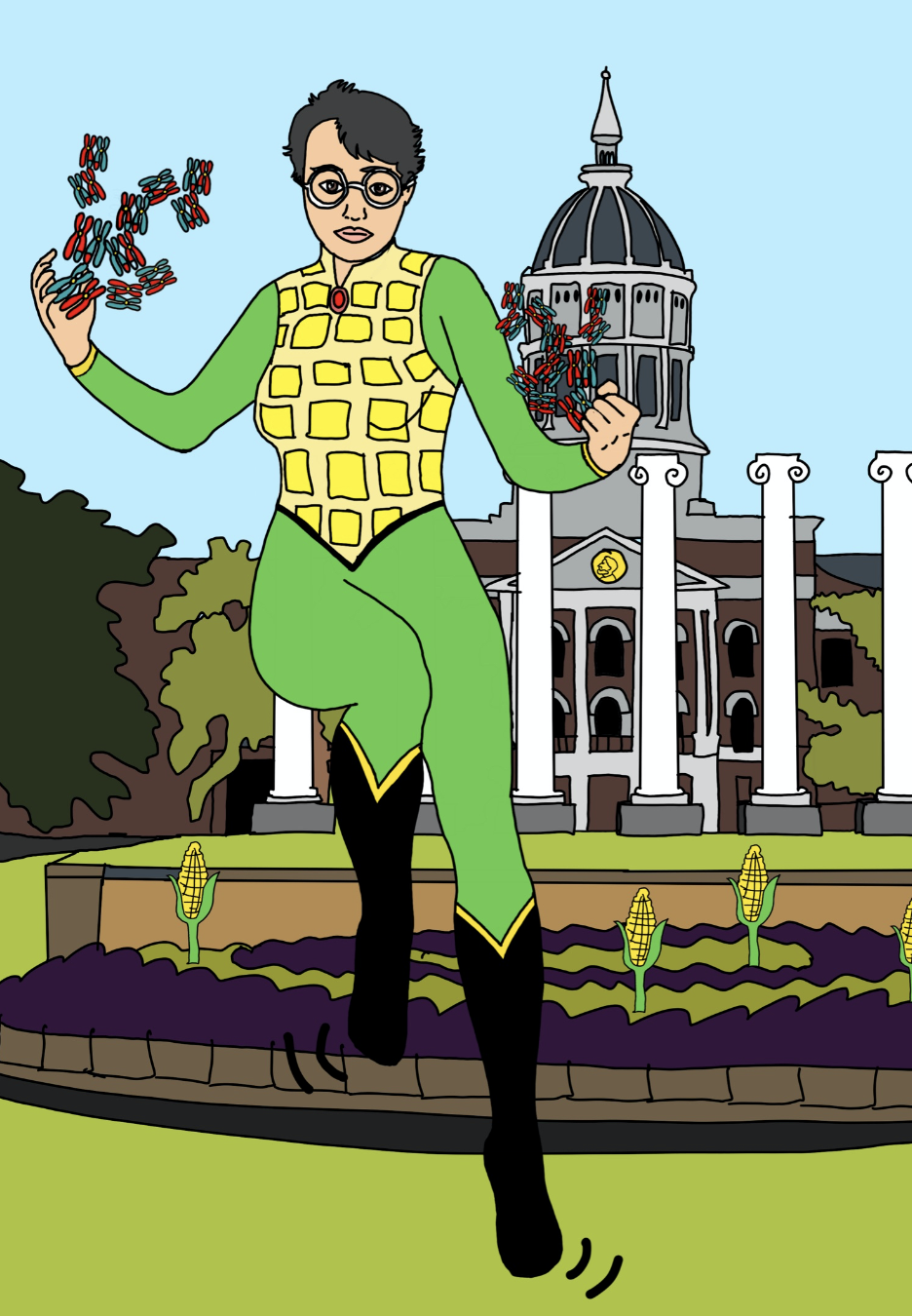 Illustration of Barbara McClintock as a superhero. She is wearing a green and yellow costume, manipulating strands of DNA with both hands, and standing in front of a neoclassical building with columns and a domed roof. Corn plants are growing at her feet, referencing her groundbreaking genetic research in maize.
