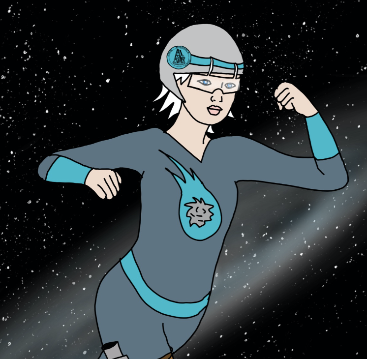 Caroline Herschel from The Remarkablz series. She is depicted as a superhero in a grey and teal spacesuit with white hair,