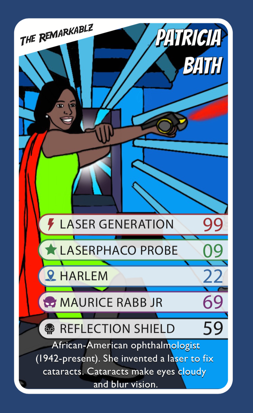 The Remarkablz superhero trading card featuring Patricia Bath, inventor of the Laserphaco Probe. Depicted with laser powers to represent her revolutionary cataract treatment technology. Includes stats like laser generation and references to Harlem and fellow scientist Maurice Rabb Jr.