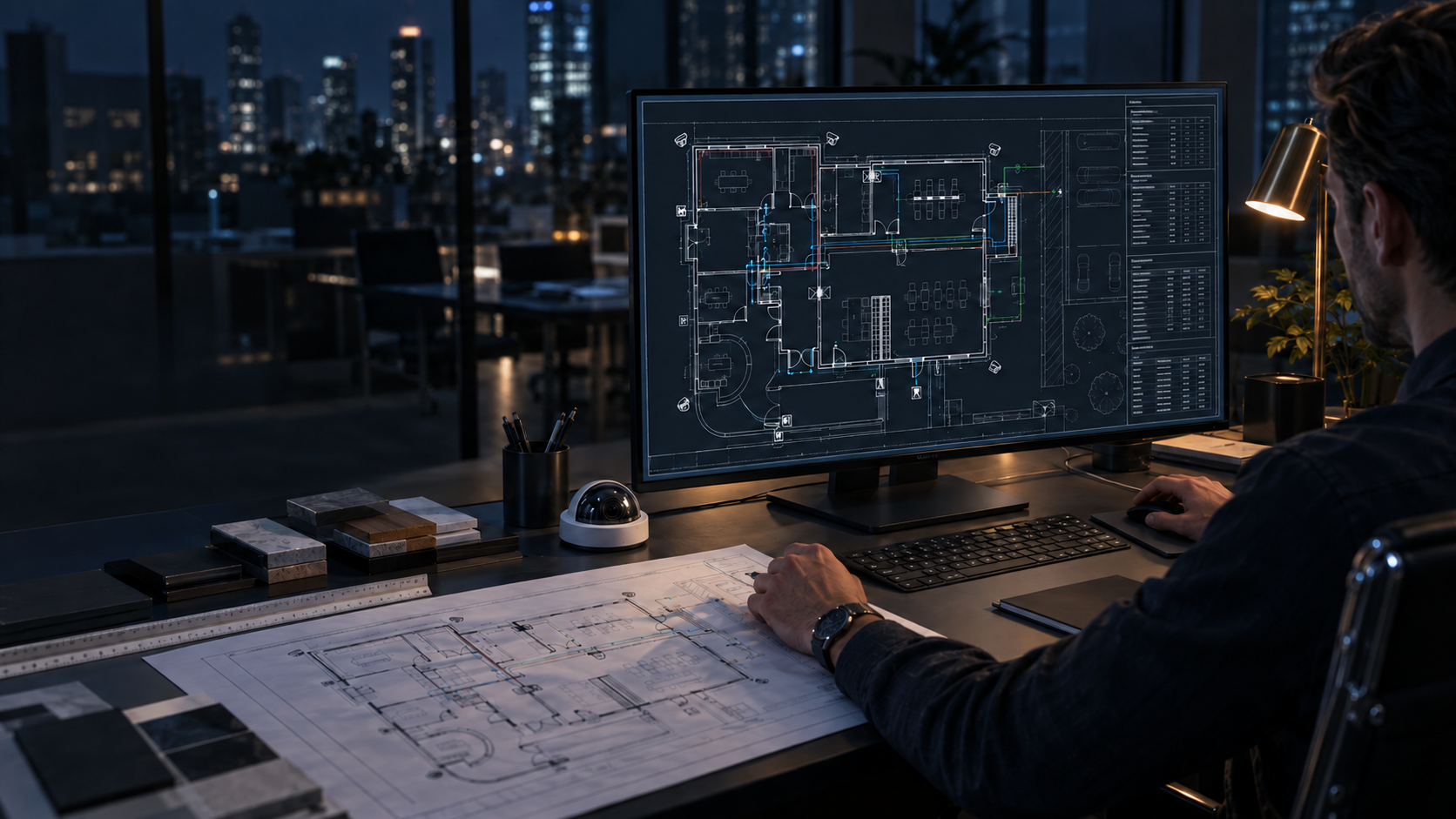 AutoCAD security design workstation with a detailed commercial floor plan
