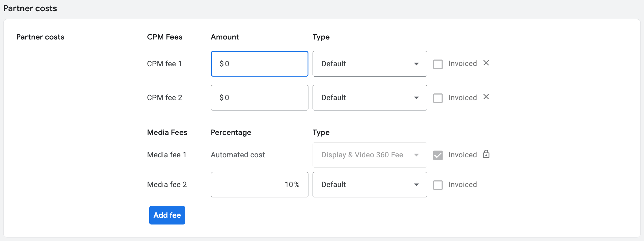 Блок Partner costs с CPM Fees и Media Fees в DV360