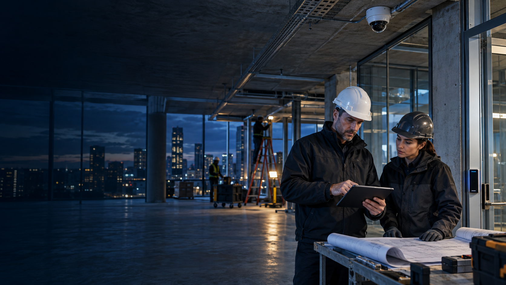 Security project team coordinating an installation in a modern commercial building