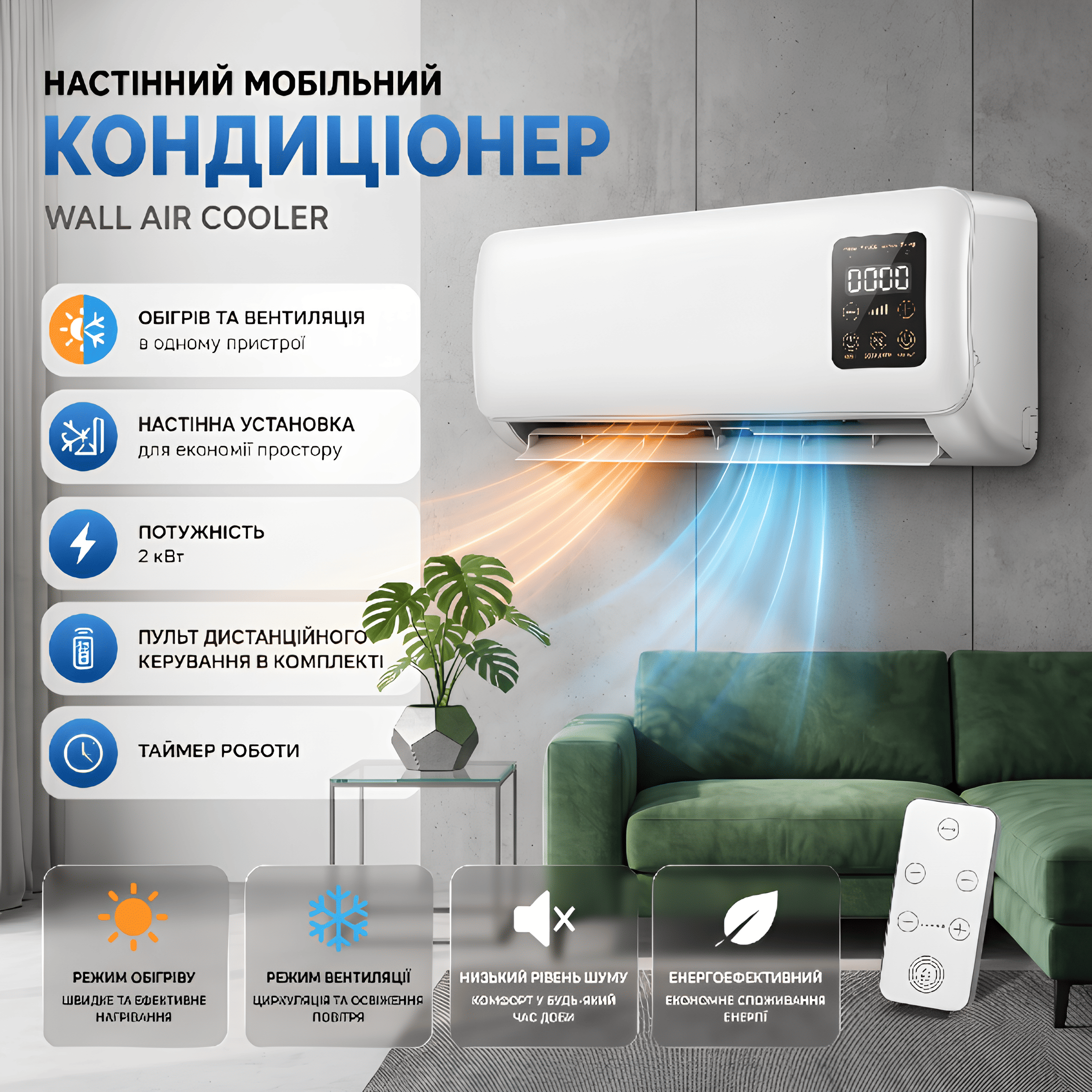 Настінний мобільний кондиціонер 2-в-1: обігрів та вентиляція, потужність 2 кВт, пульт ДУ, таймер