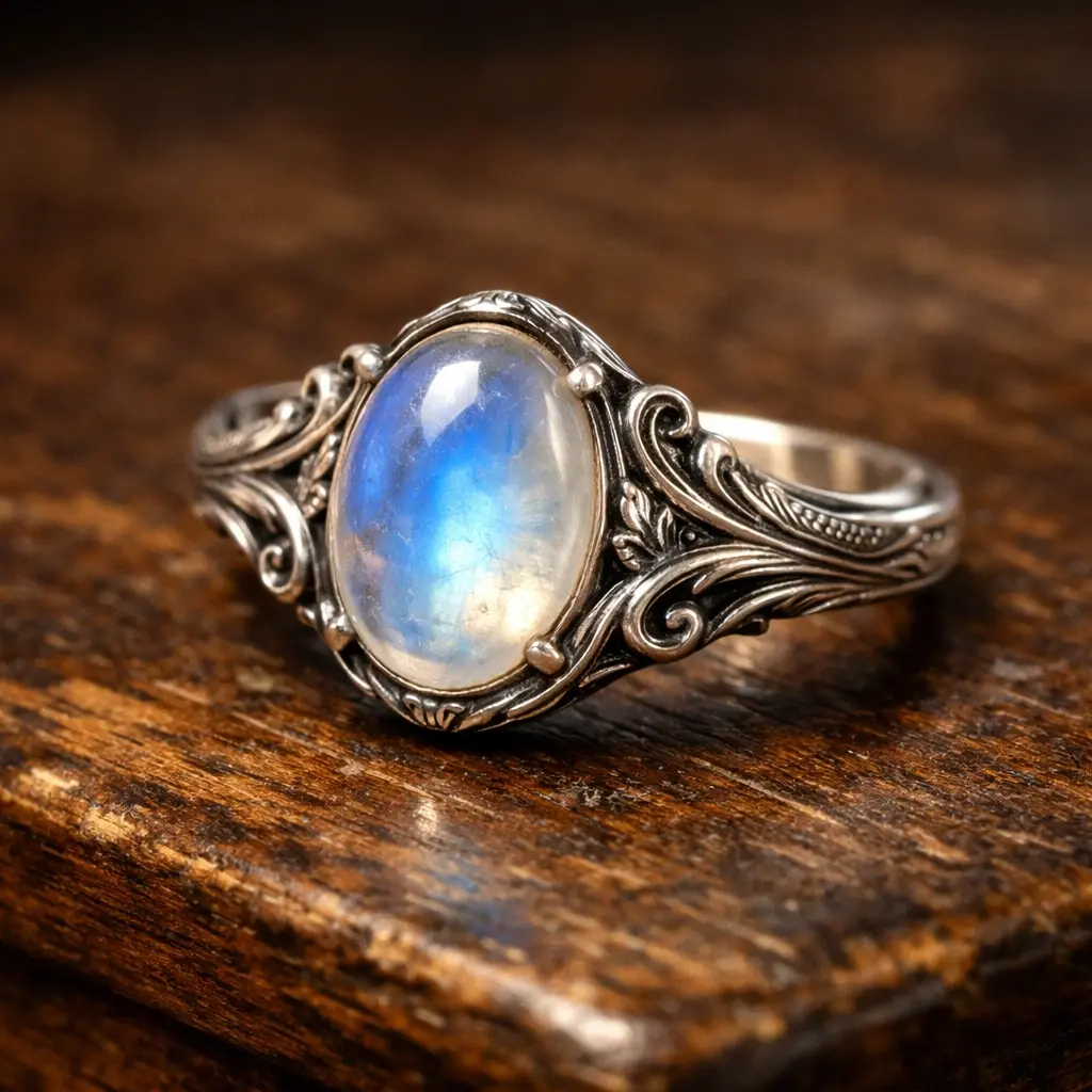 Срібне кільце з натуральним місячним каменем у стилі модерн