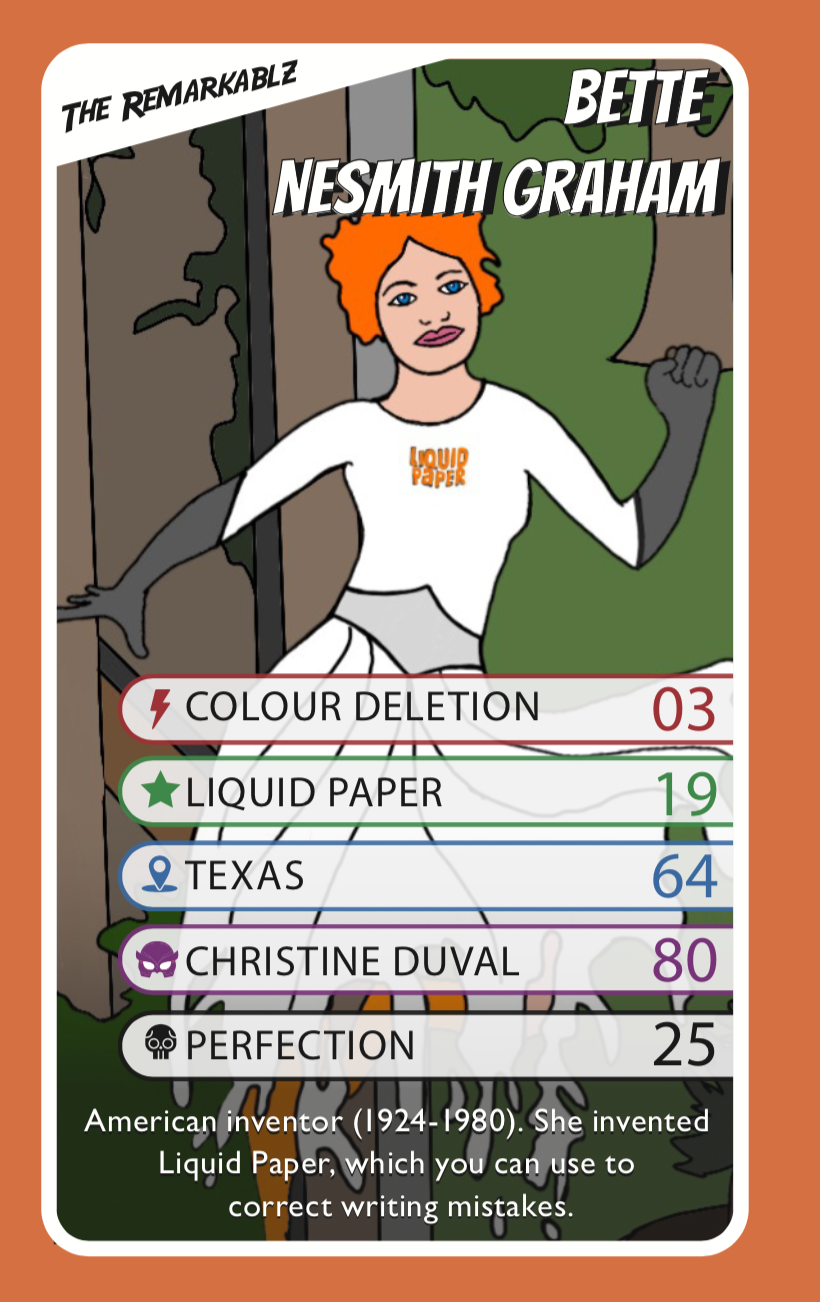 Illustrated superhero trading card of Bette Nesmith Graham from The Remarkablz. She has bright orange hair and is wearing a white top labeled "Liquid Paper" and a flowing grey and white skirt. Her powers include "Colour Deletion" and her weakness is "Perfection." She is standing confidently against a stylized background with earthy tones and leafy details. The card notes she invented Liquid Paper to correct writing mistakes.