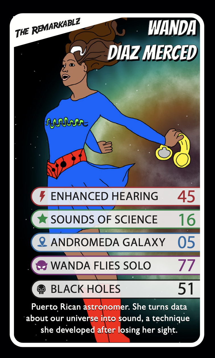 Illustrated trading card of Puerto Rican astronomer Wanda Díaz-Merced depicted as a spacefaring superhero flying through a galaxy. Her powers include enhanced hearing and turning scientific data into sound. Stats include Enhanced Hearing (45), Sounds of Science (16), Andromeda Galaxy (05), Wanda Flies Solo (77), and Black Holes (51). The card highlights her method of sonifying data to explore the universe.