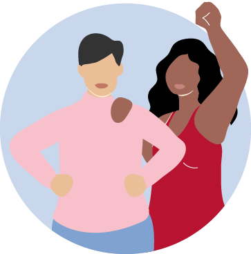 An illustration of two friends supporting each other. One has her hand on the other's shoulder, and her other arm is raised in solidarity. The friend they are supporting has their hands on their hip in defiance.