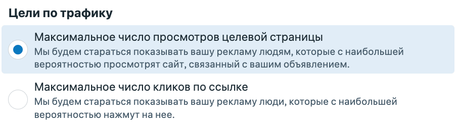 Раздел «Цели по трафику» в Meta Ads Manager: два варианта - «Максимальное число просмотров целевой страницы» и «Максимальное число кликов по ссылке»