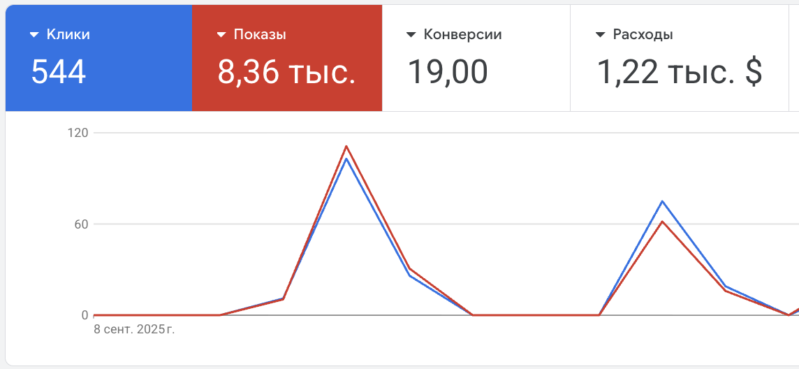 Скриншот Google Ads: 544 клика, 8,36 тыс. показов, 19 конверсий, расходы 1,22 тыс. $, график динамики показателей