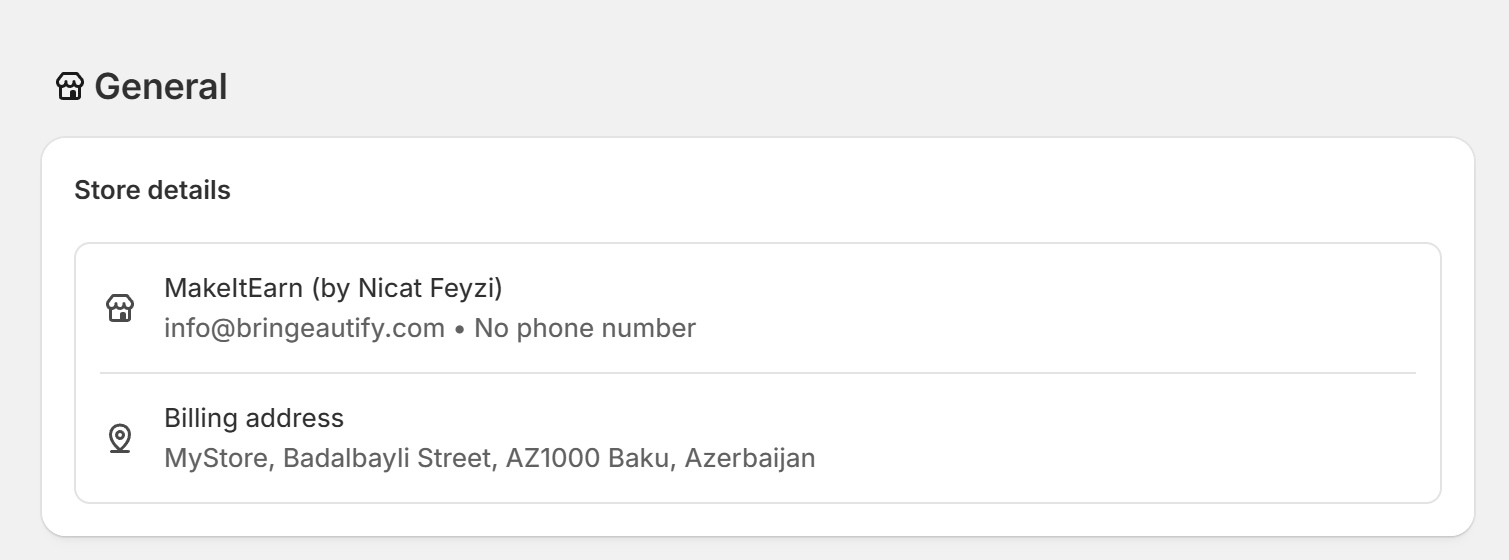 Shopify general page billing address