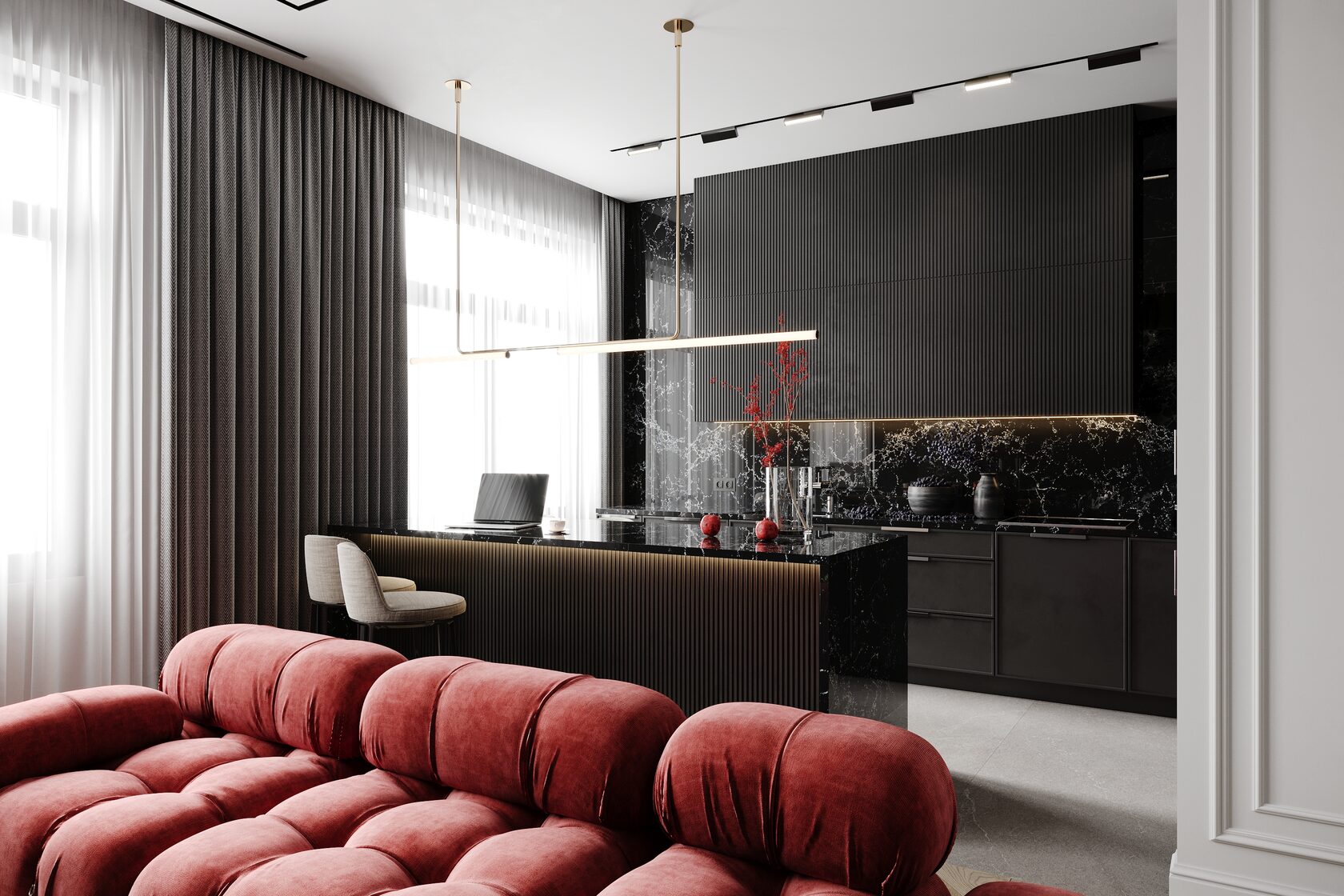 This spacious two-bedroom apartment is located on one of the top floors, offering panoramic views of Moscow