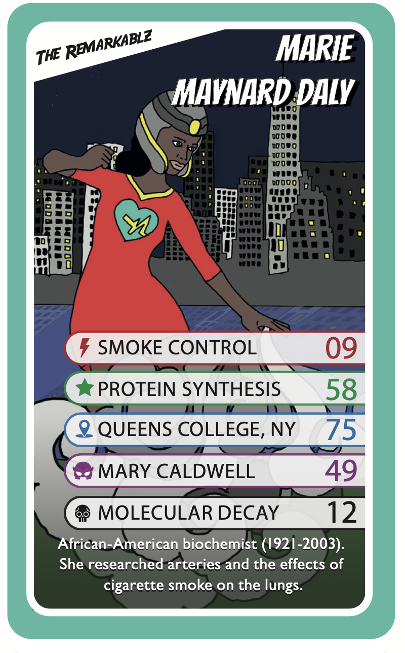 A superhero-style illustration of Marie Maynard Daly in a red and teal suit with a glowing "M" emblem. She stands in front of a city skyline with smoke swirling around her. The card highlights her superpowers including smoke control and molecular decay, and lists key elements of her scientific legacy.