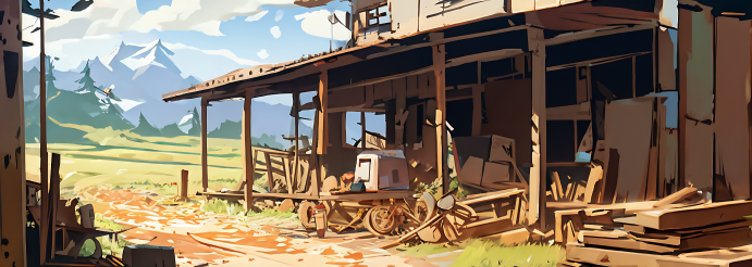 Painting of a building made out of wood