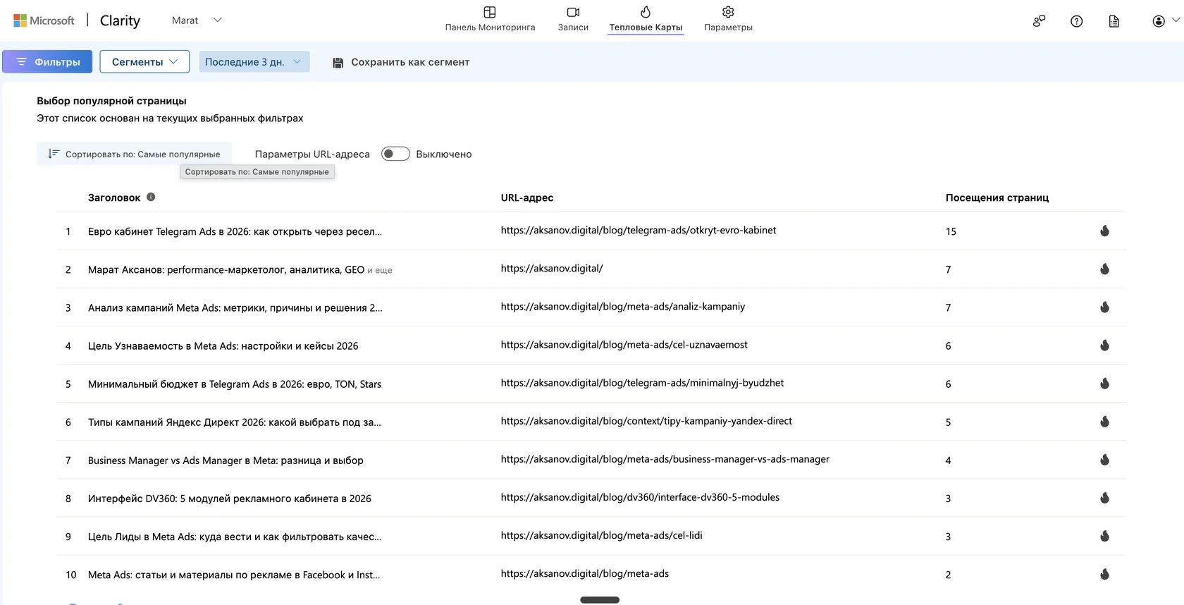 Список выбора популярной страницы для тепловой карты в Clarity